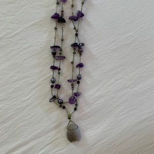 NECKLACE- amethyst-pearls-lady bug charm- 33" length-boho-purple